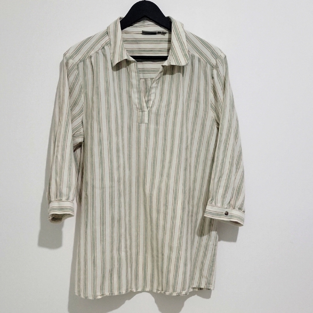 FRANSA WOMEN'S COLLARED V NECK STRIPED 100% COTTON TUNIC  SIZE LARGE